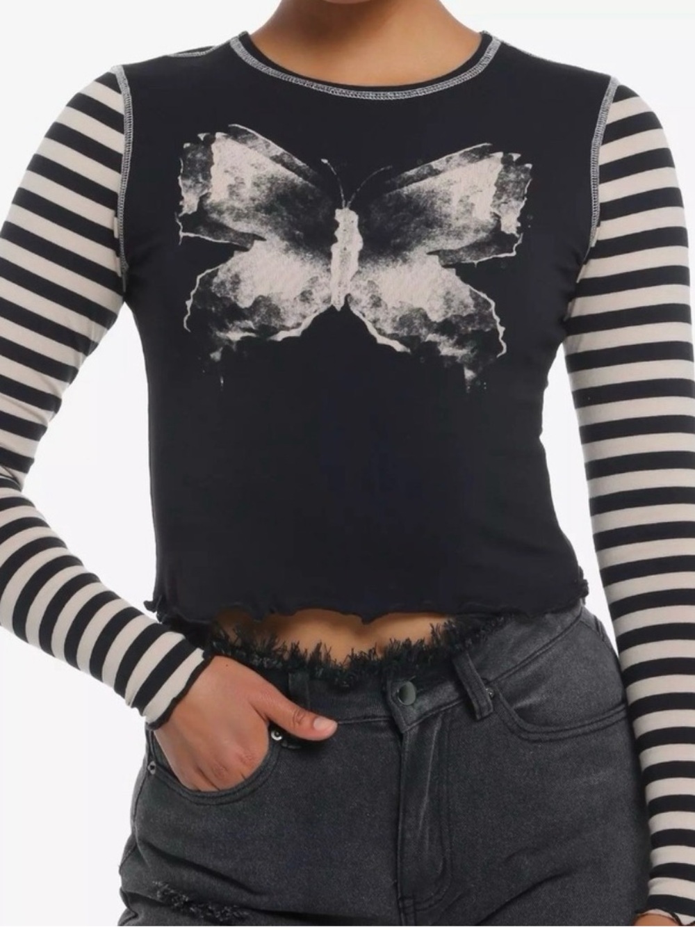 Black Butterfly Graphic Striped-Sleeve Cropped Top